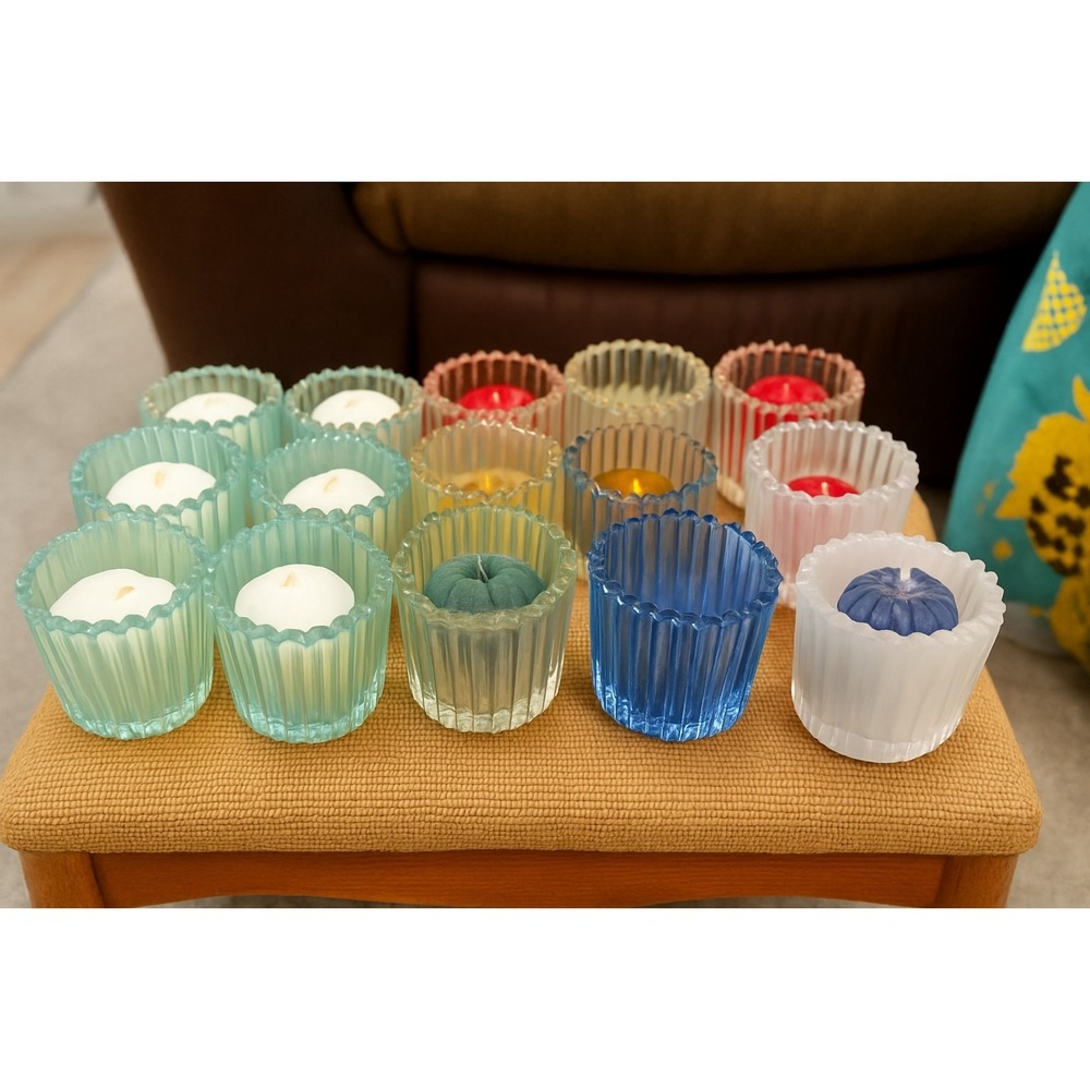 Vintage Indiana Glass Candle Holder Lot 15 Multi Color Ribbed USA Pressed Glass